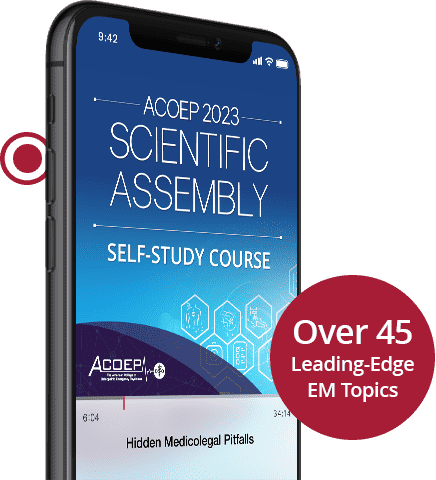Phone with ACOEP Scientific Assembly self-study course on screen with overlay title: Over 45 Leading-Edge EM Topics