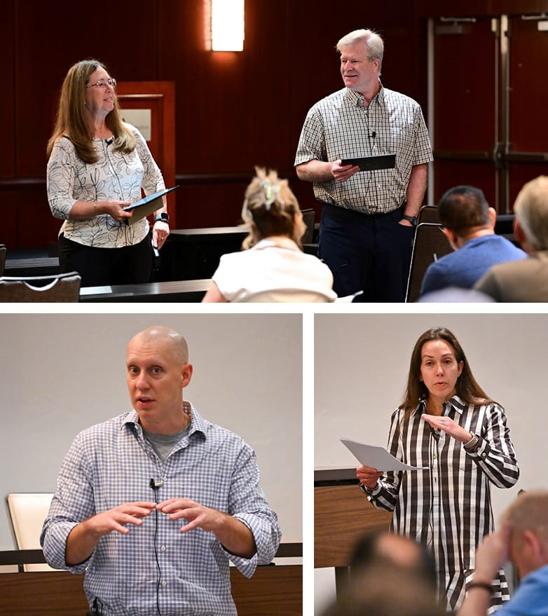 two faculty standing up speaking in one photo, individual faculty in photo 2 and 3