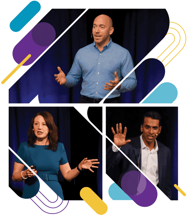 two faculty standing up speaking in one photo, individual faculty in photo 2 and 3